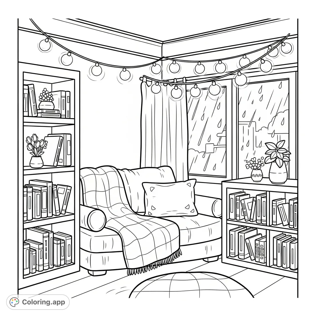 Discover a serene indoor reading nook, featuring a draped blanket, twinkling fairy lights, stacked shelves, and a window adorned with rain.