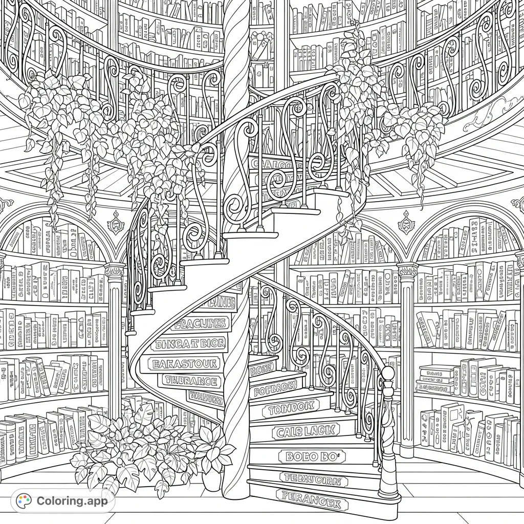 Explore a magical library with a grand spiral staircase, lush plants, and whimsical book titles waiting to be brought to life with your colors.
