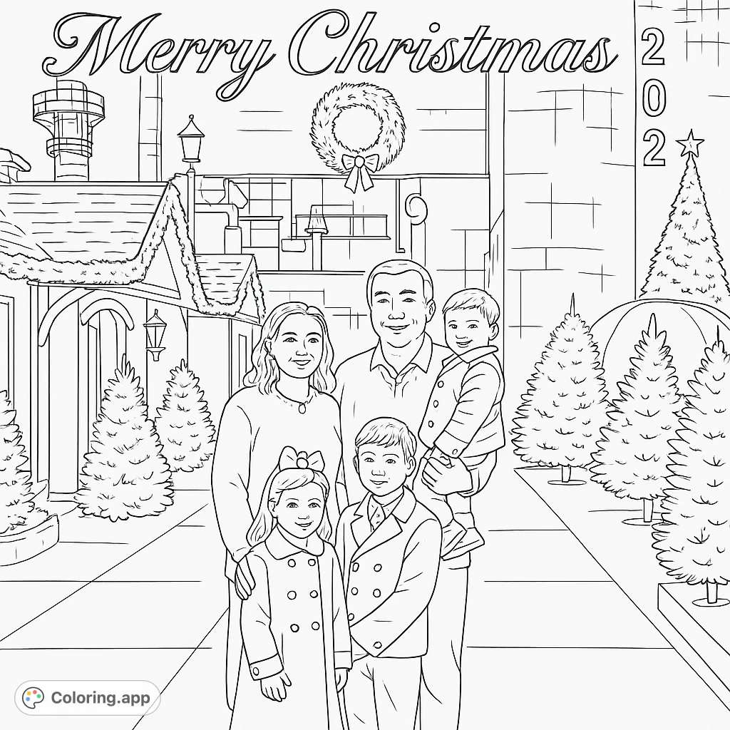 Capture holiday joy with this family portrait set against a festive backdrop of industrial architecture and decorated evergreen trees. Perfect for seasonal coloring.