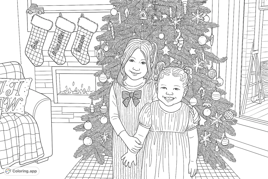 Two cheerful girls pose before a beautifully decorated holiday tree and fireplace with personalized stockings. A heartwarming scene perfect for festive coloring.