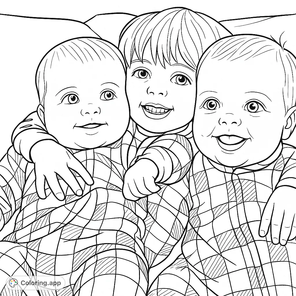 Capture the joyful bond of three siblings in cozy plaid outfits. This heartwarming scene offers intricate details for a rewarding coloring experience.