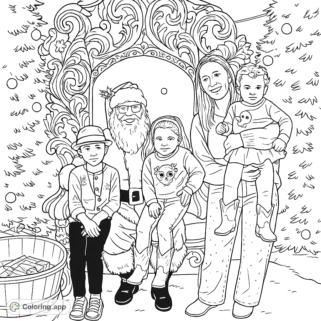 A cheerful Santa on his ornate throne with a family, including children and a woman holding a toddler, surrounded by decorated evergreen trees. Perfect for holiday joy!