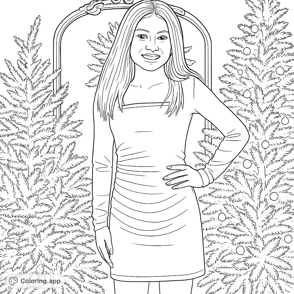 A young woman poses gracefully amidst frosted evergreen trees illuminated with tiny lights, an ornate mirror and wreath completing the elegant holiday scene.