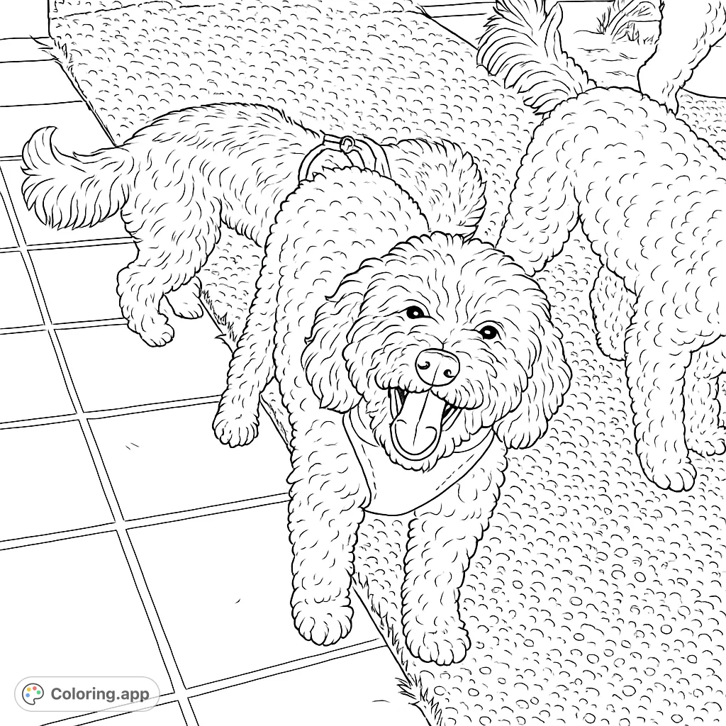 Three lively dogs exploring an outdoor path, one happy pup looking directly at you. A delightful scene for dog lovers to color and bring to life.