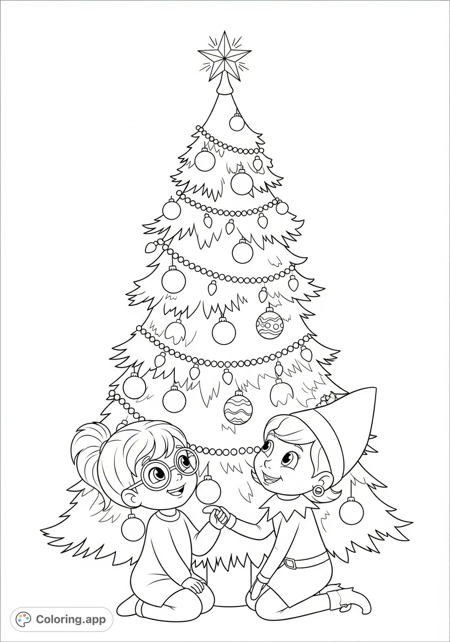 A charming Christmas tree scene featuring a smiling girl with glasses and a playful girl Elf on the Shelf with an earring, ready for festive coloring fun.