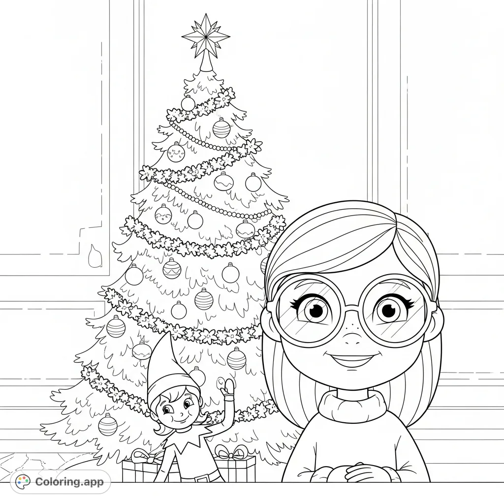A heartwarming Christmas scene with a smiling 7-year-old girl, her grand tree, and a playful girl Elf on the Shelf peeking from the branches. Perfect for holiday joy!