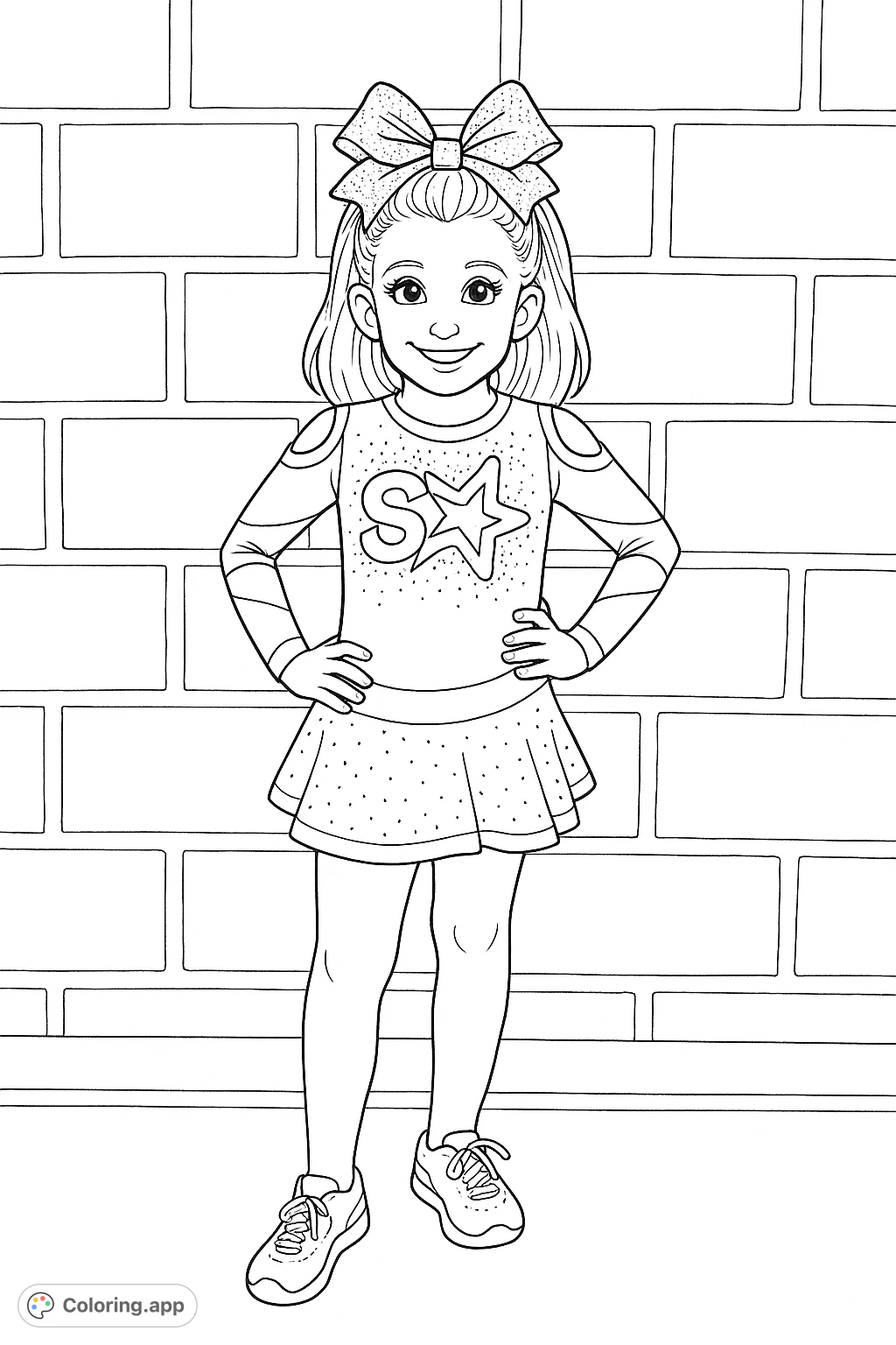 A vibrant cheer star ready to shine! This fun cheerleading coloring page features a young person in uniform with a big bow, perfect for inspiring team spirit and creativity.