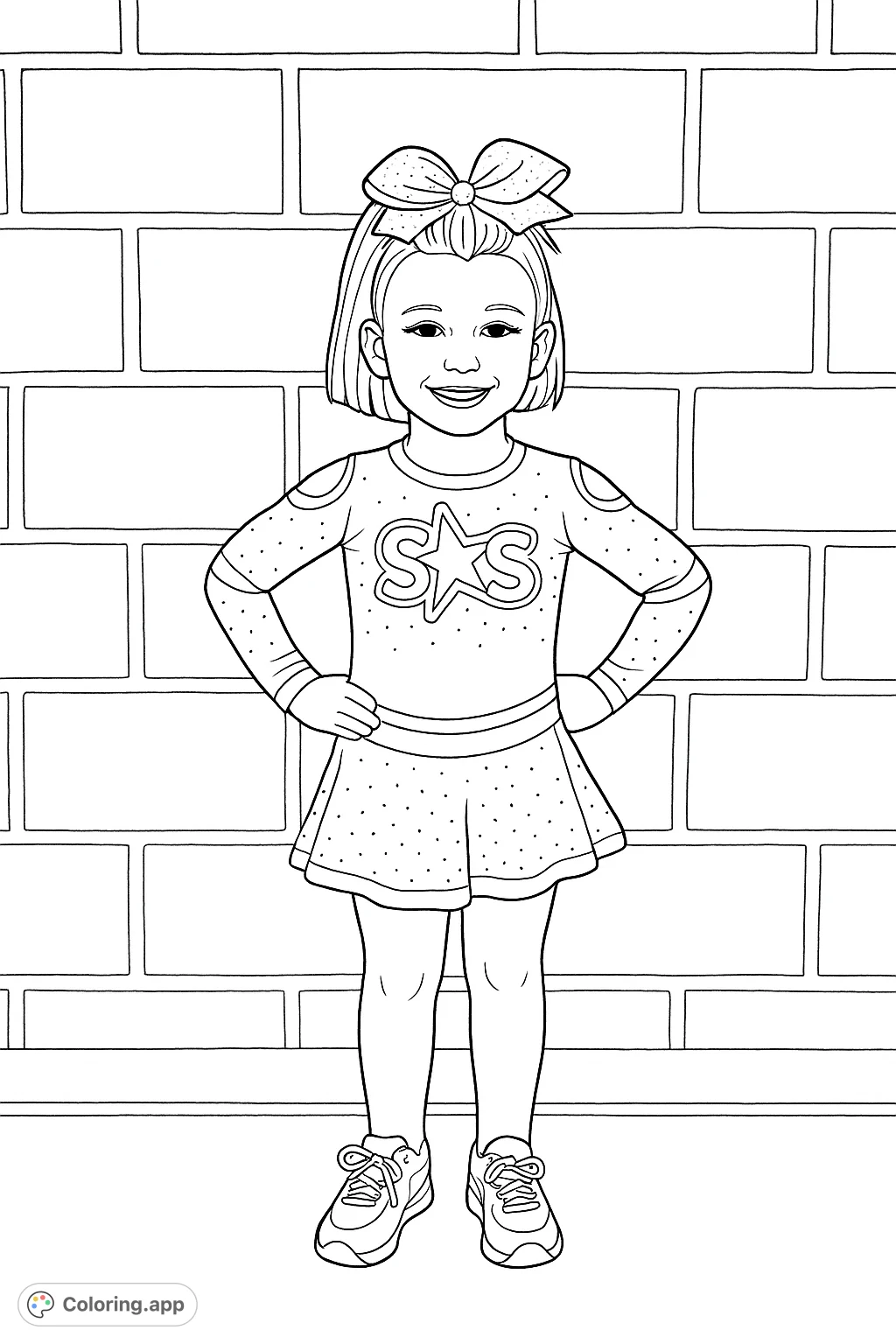 A delightful cheerleader poses confidently against a textured wall, perfect for aspiring cheer enthusiasts to color with vibrant team pride.