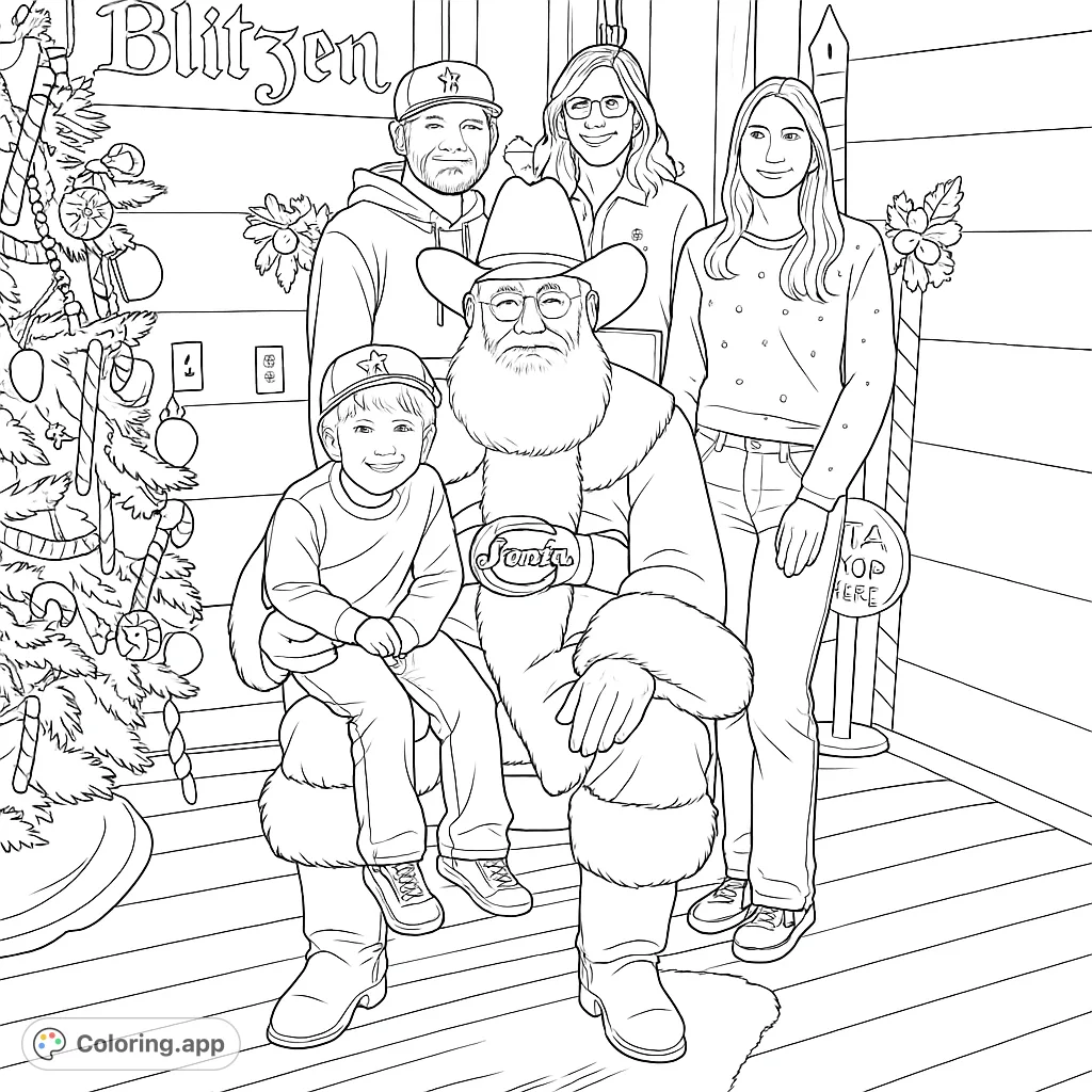 Capture holiday cheer with this festive family Santa portrait coloring page! A joyful Santa, a child on his lap, and family surrounded by charming holiday decorations await your creative touch.