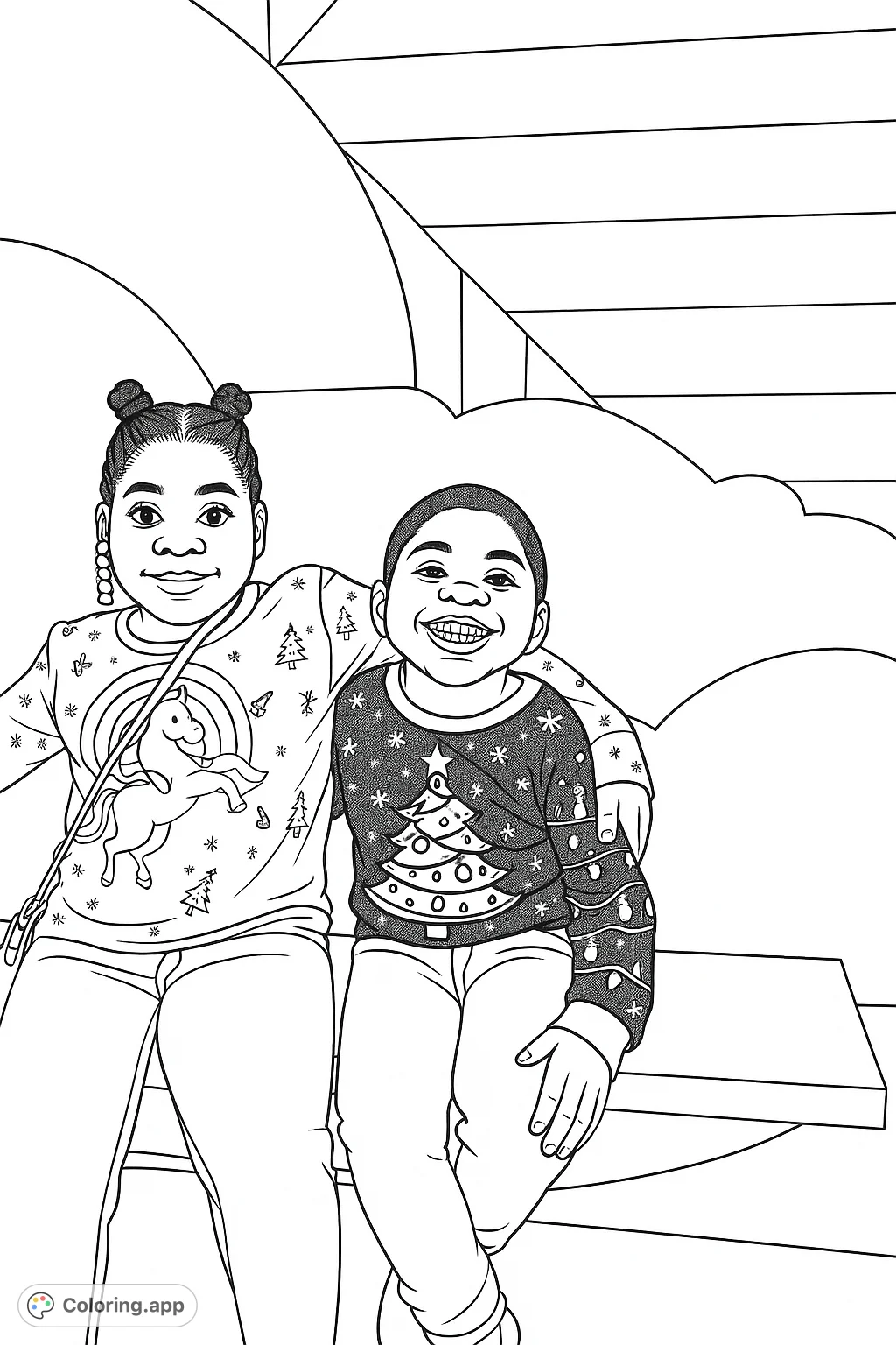 Capture the warmth of the holidays with this charming coloring page featuring two smiling children in festive patterned attire. Perfect for holiday cheer.