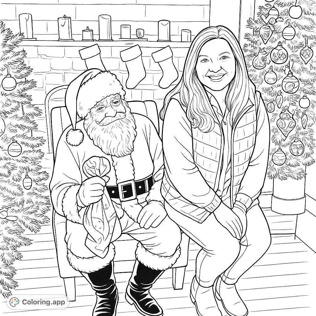 A heartwarming holiday scene featuring Santa Claus and a smiling companion, surrounded by festive decorations like a fireplace and Christmas trees. Perfect for seasonal coloring!