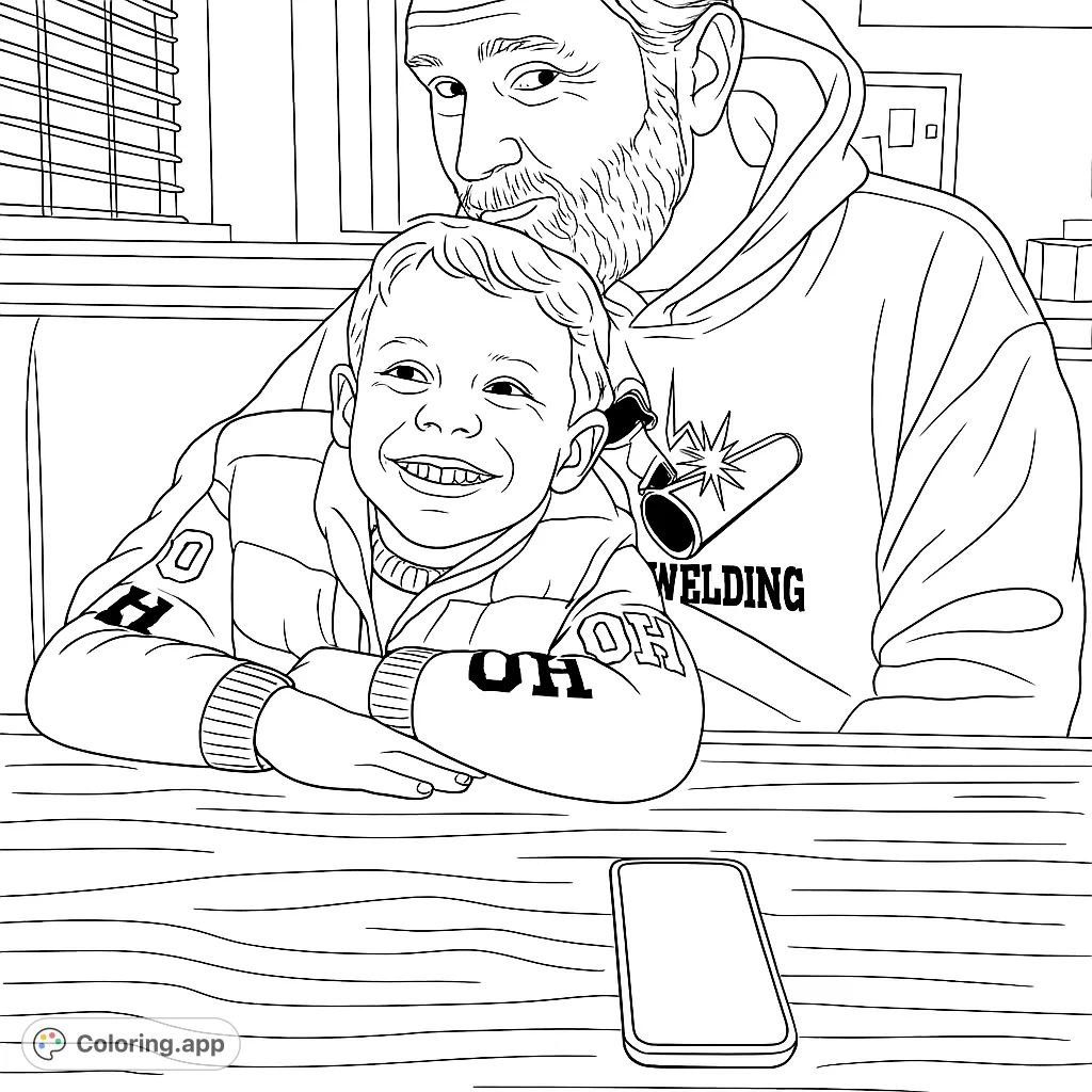 Capture a heartwarming family moment at a restaurant table, featuring a man and a smiling boy. Perfect for all ages to personalize.