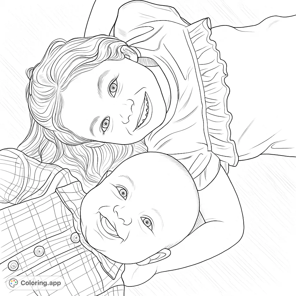 A heartwarming image of two cheerful siblings, an older child and a baby, lying together and smiling. Perfect for capturing family joy and connection.
