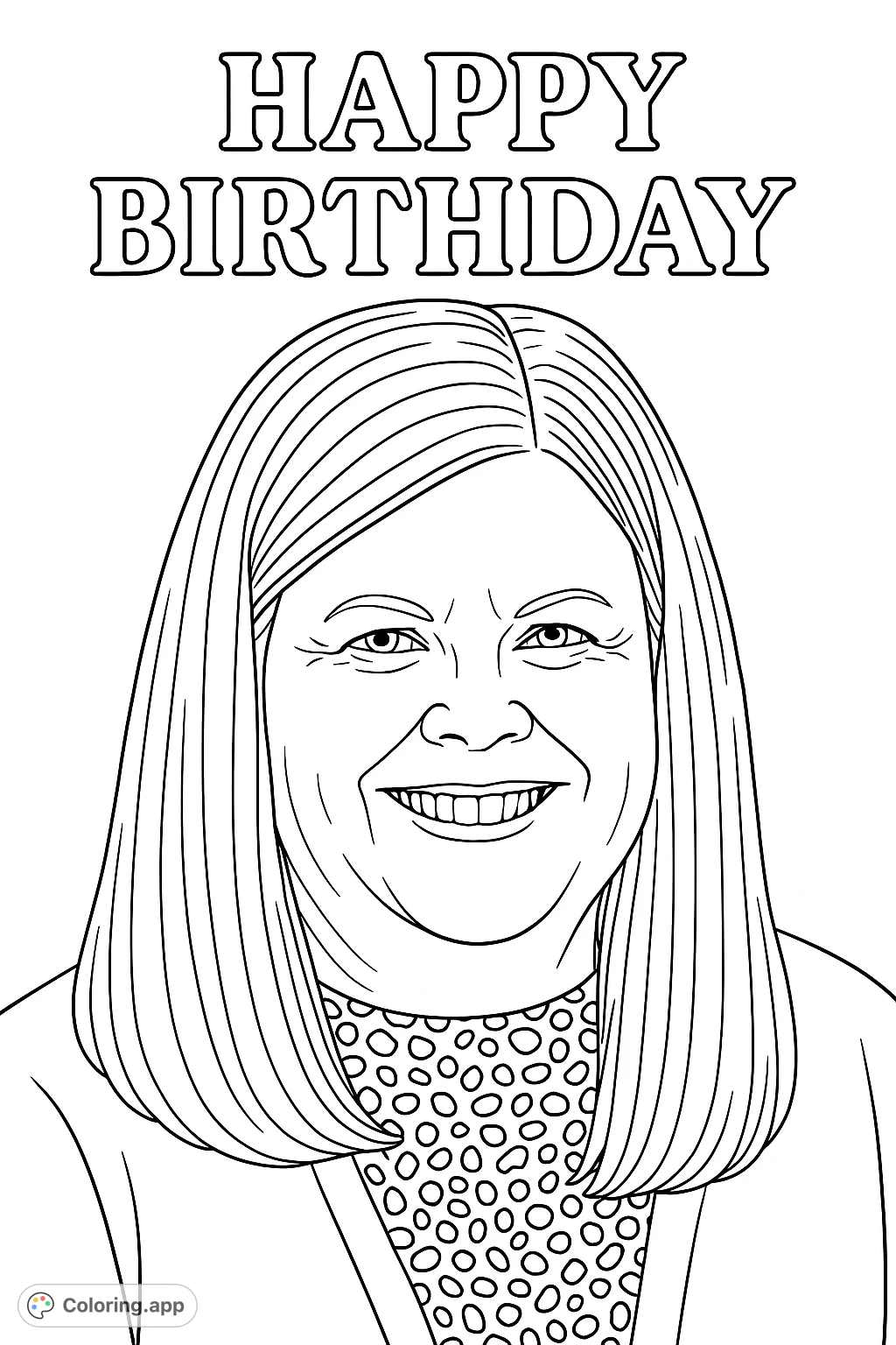 A cheerful woman's portrait, perfect for a personalized Happy Birthday coloring page. Features a friendly smile and distinctive patterned clothing.