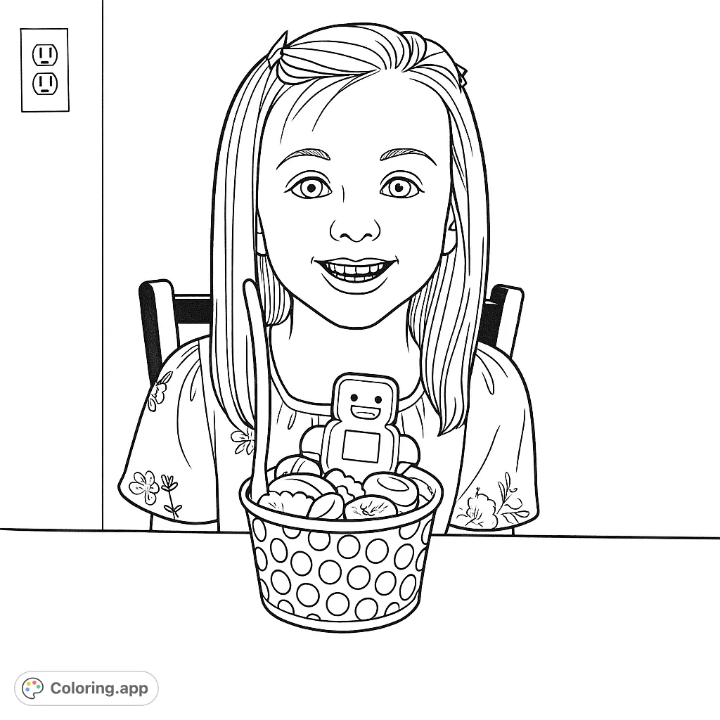 A joyful girl enjoys a delicious dessert cup overflowing with fun toppings and a charming duck toy. Perfect for a sweet coloring experience!