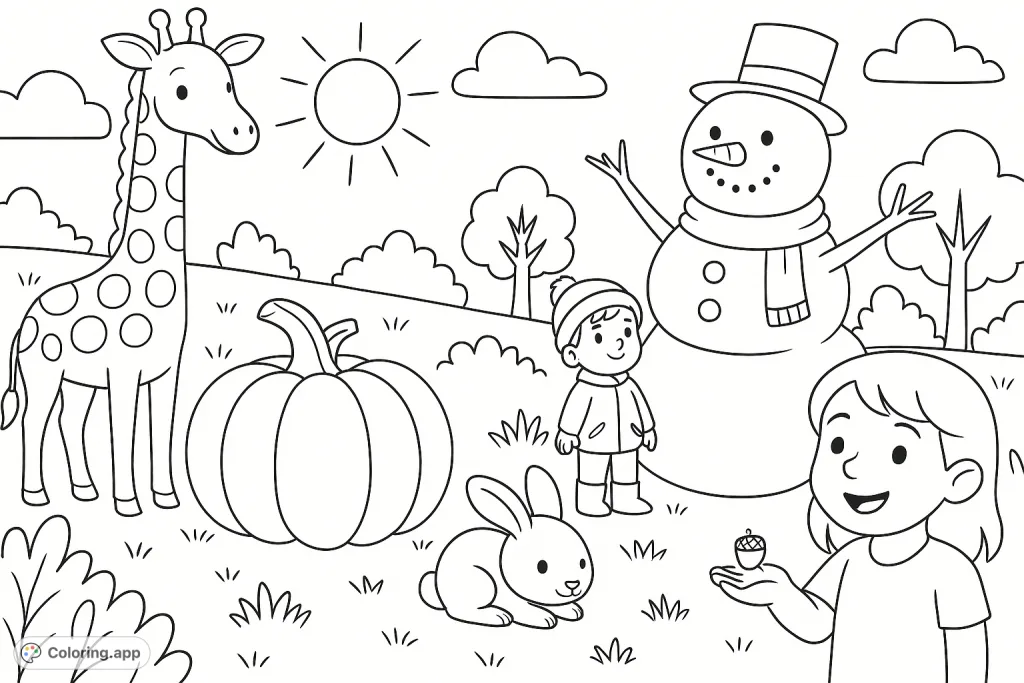 An enchanting outdoor scene featuring a friendly giraffe, a large pumpkin, a bunny, a boy, a girl with an acorn, and a cheerful snowman under the sun.