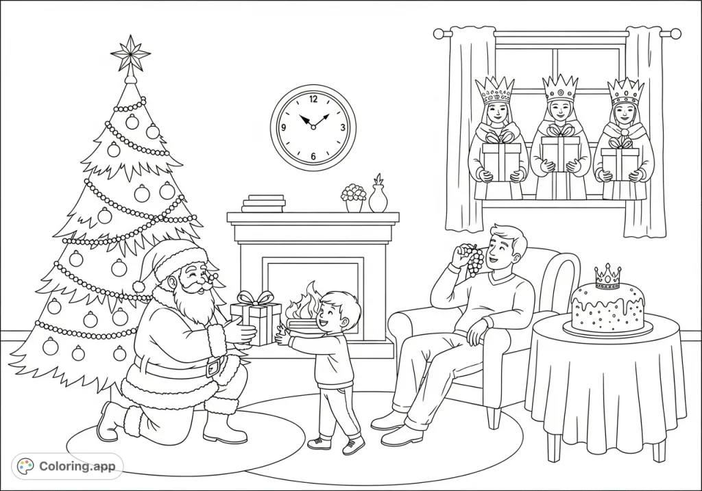 A festive scene with Santa, a decorated Christmas tree, the Three Magi, and an Epiphany cake, perfect for a cozy holiday coloring page.