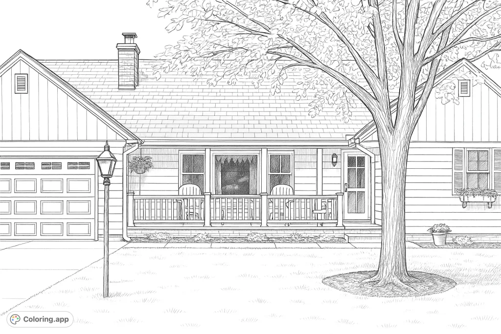Explore a detailed suburban house, complete with a welcoming porch, mature tree, and intricate architectural elements. A realistic scene for a satisfying coloring experience.