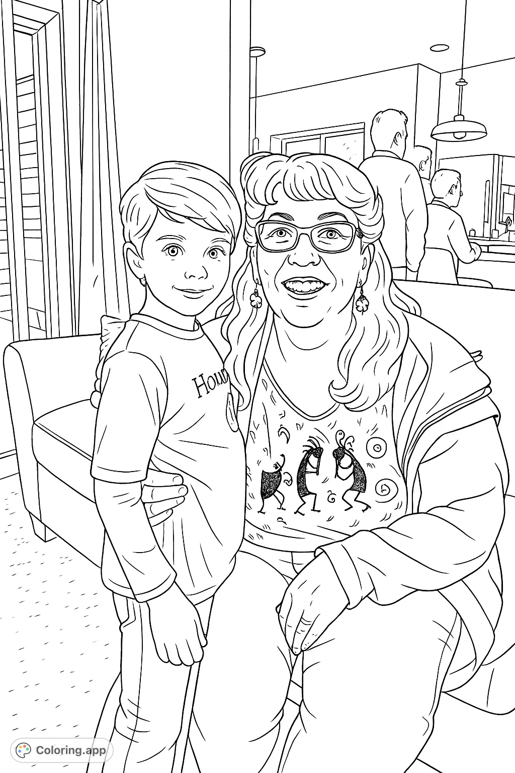 A heartwarming portrait of a grandmother and her grandson smiling together, celebrating family bonds. Features a boy in a graphic tee and a woman with patterned clothing.