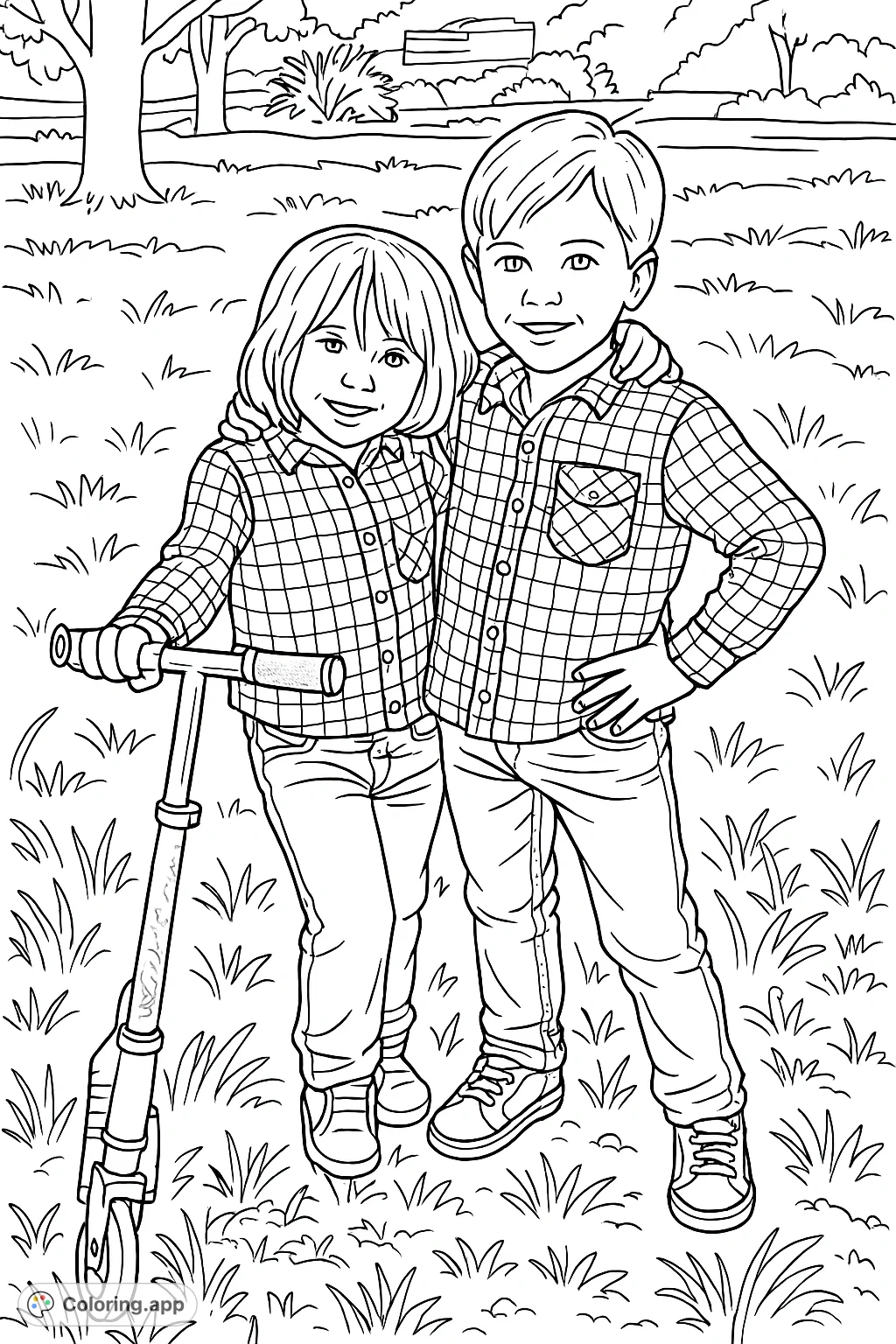 Two smiling boys, one with a scooter, stand together in a sunny outdoor setting. Features plaid shirts and a textured background for a charming scene.