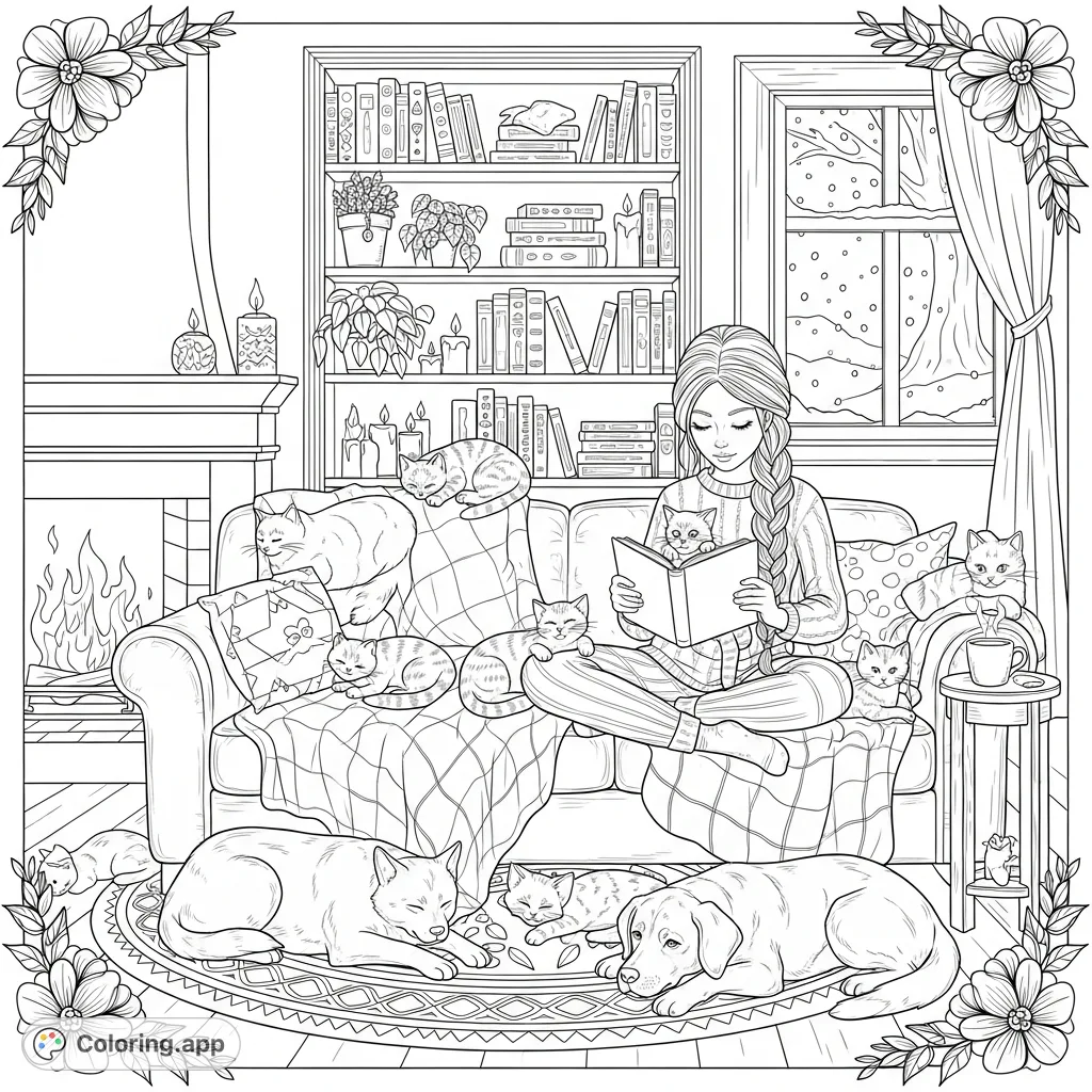A heartwarming scene featuring a young girl, surrounded by playful kittens and a loyal dog, enjoying a book by a crackling fire. Perfect for animal lovers.