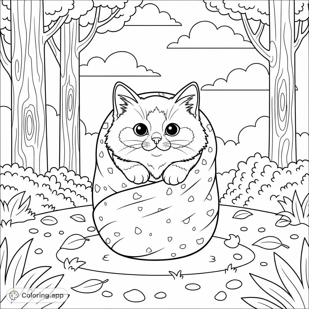 Snuggle up with this adorable kawaii kitten, wrapped like a burrito in a peaceful forest. Enjoy big, open spaces perfect for delightful coloring fun!