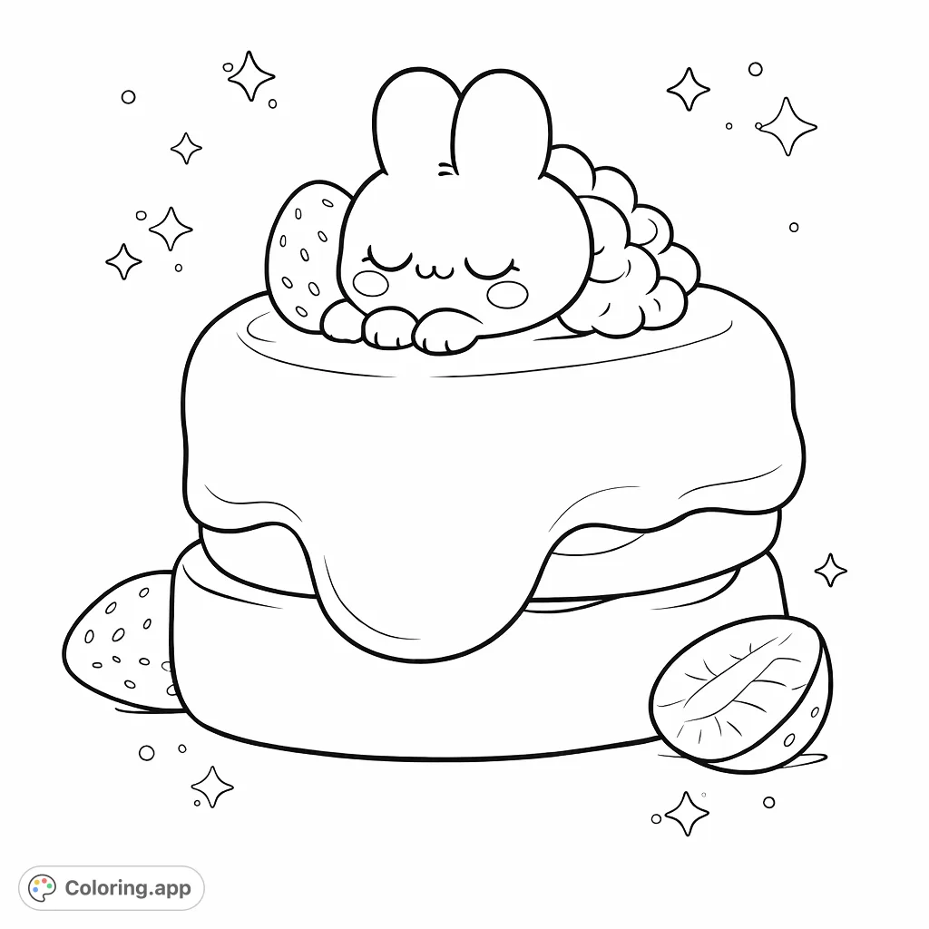 A delightful bunny snoozes on a decadent whipped cream dessert, adorned with fresh strawberries. A sweet and charming scene perfect for coloring fun.