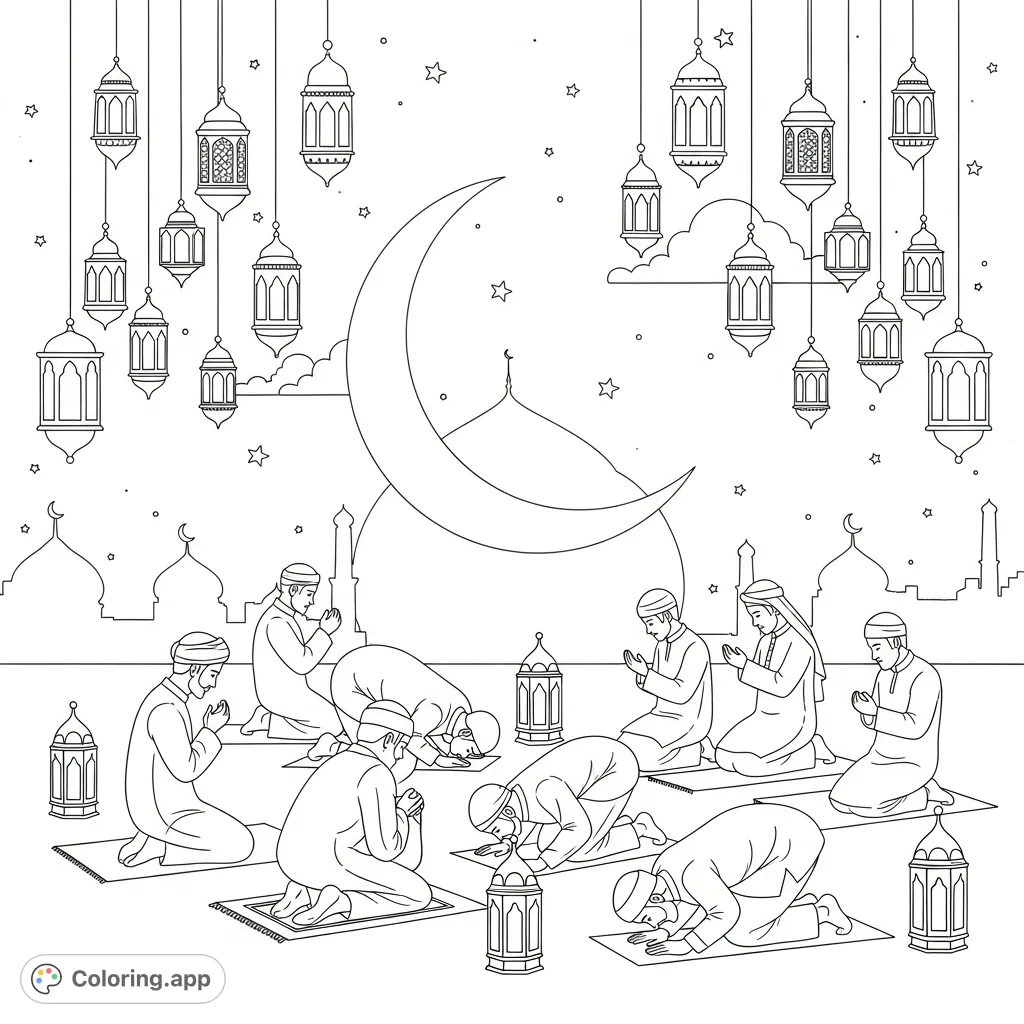 A serene Eid scene featuring people praying under a prominent crescent moon, illuminated by decorative lanterns. Perfect for reflective coloring.