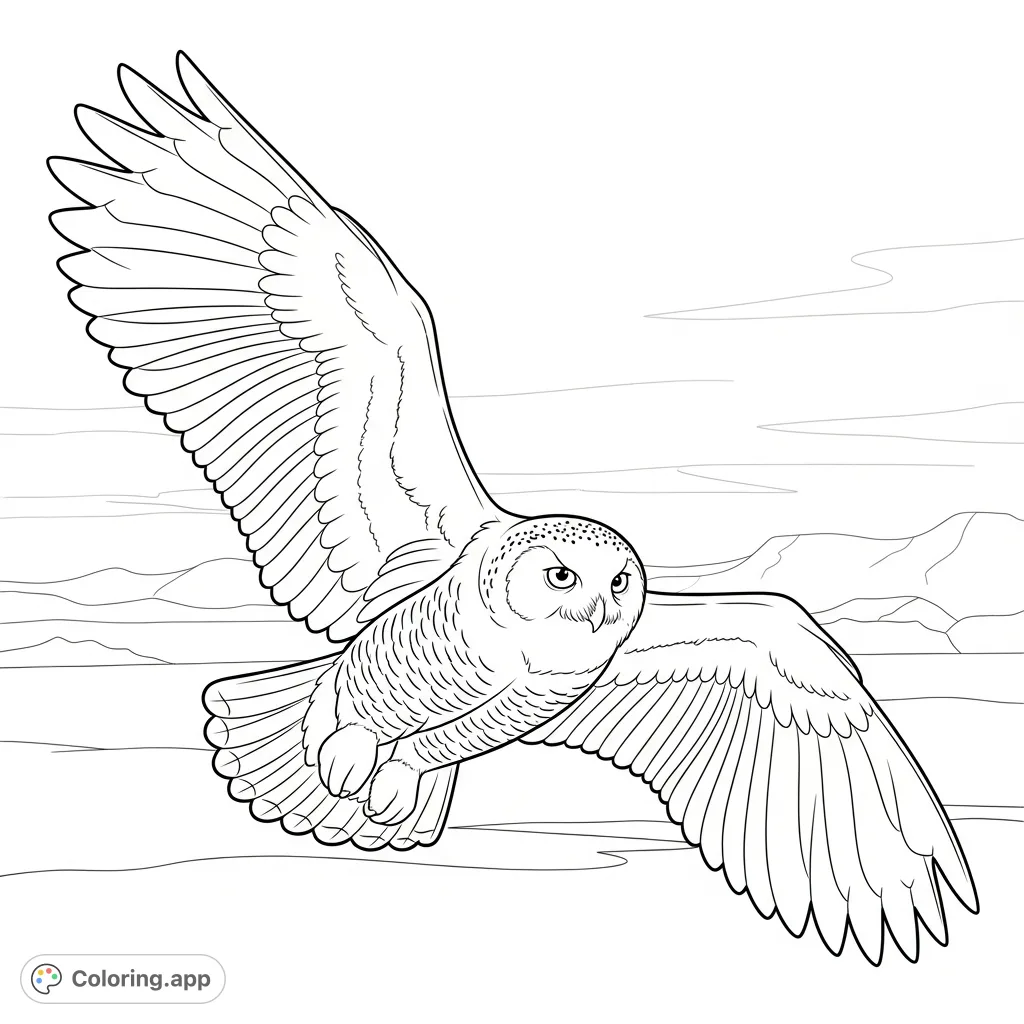 Capture the serene power of an arctic predator. This snowy owl coloring page features a magnificent bird in close-up flight, perfect for nature enthusiasts.