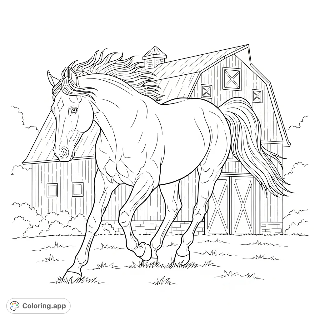 A majestic running horse captured in full motion with a rustic barn in the background. A dynamic farm animal coloring page perfect for all ages.