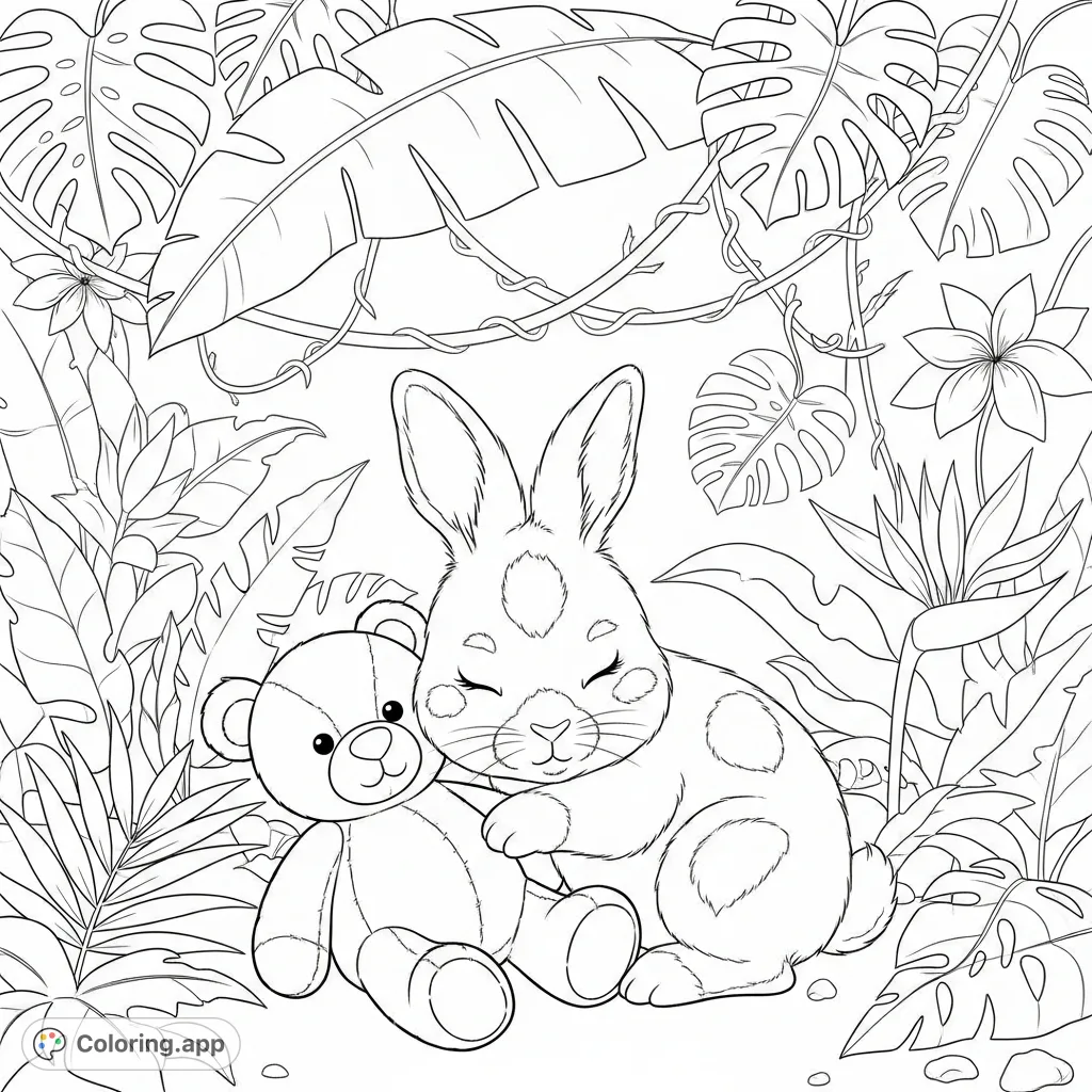 An adorable baby pasfire bunny sleeps snuggled with a teddy bear in a lush jungle. A sweet bunny coloring page, perfect for kids!