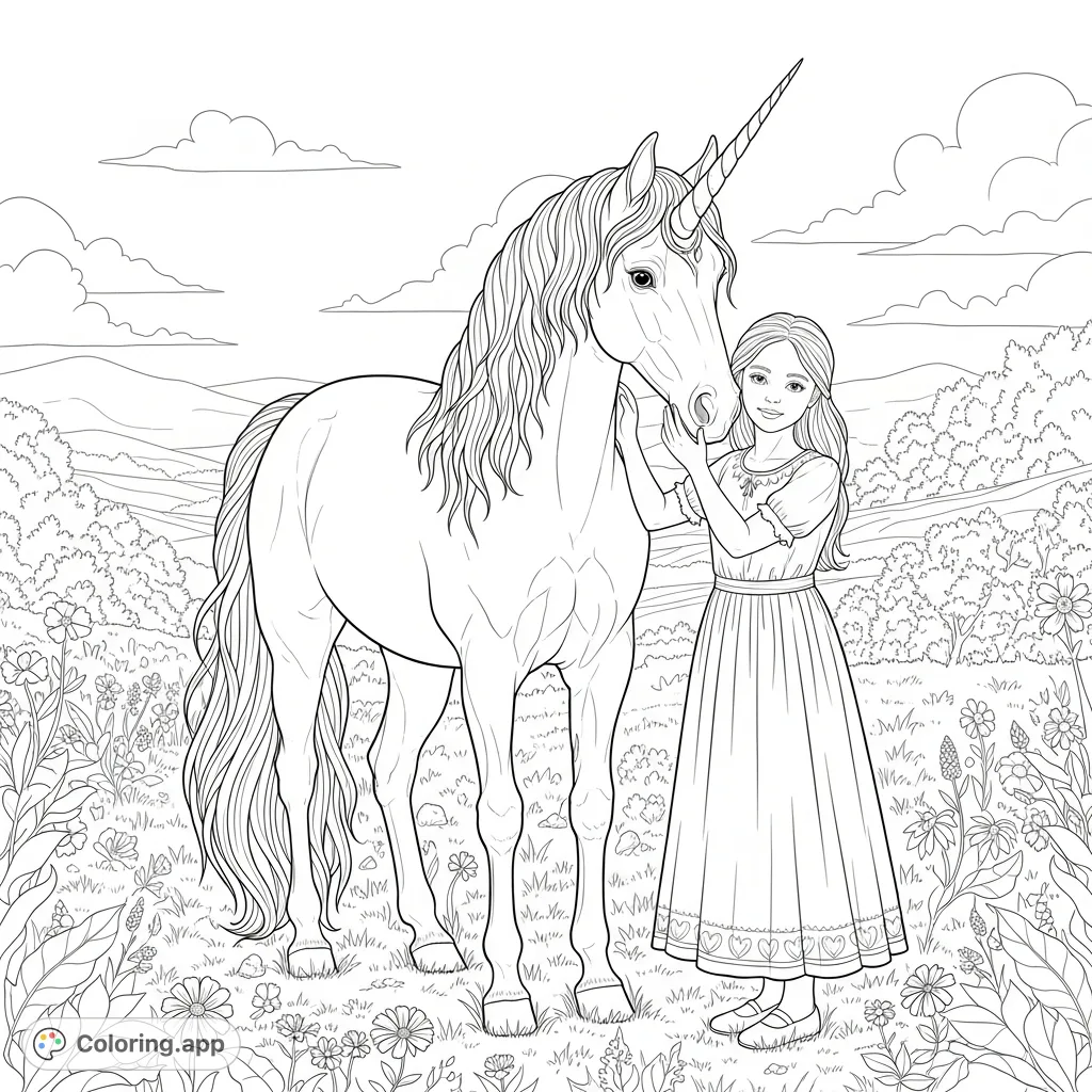 A heartwarming unicorn coloring page featuring a graceful unicorn and a sweet girl in a serene natural setting, perfect for magical coloring fun.