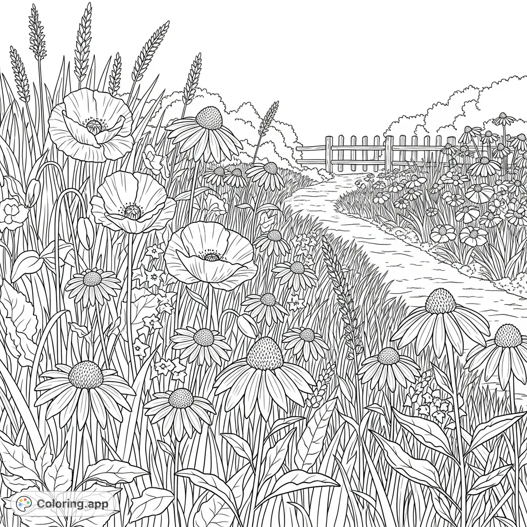 Explore a charming wildflower garden coloring page, featuring diverse blossoms, winding paths, and a rustic fence. A delightful free printable coloring page!