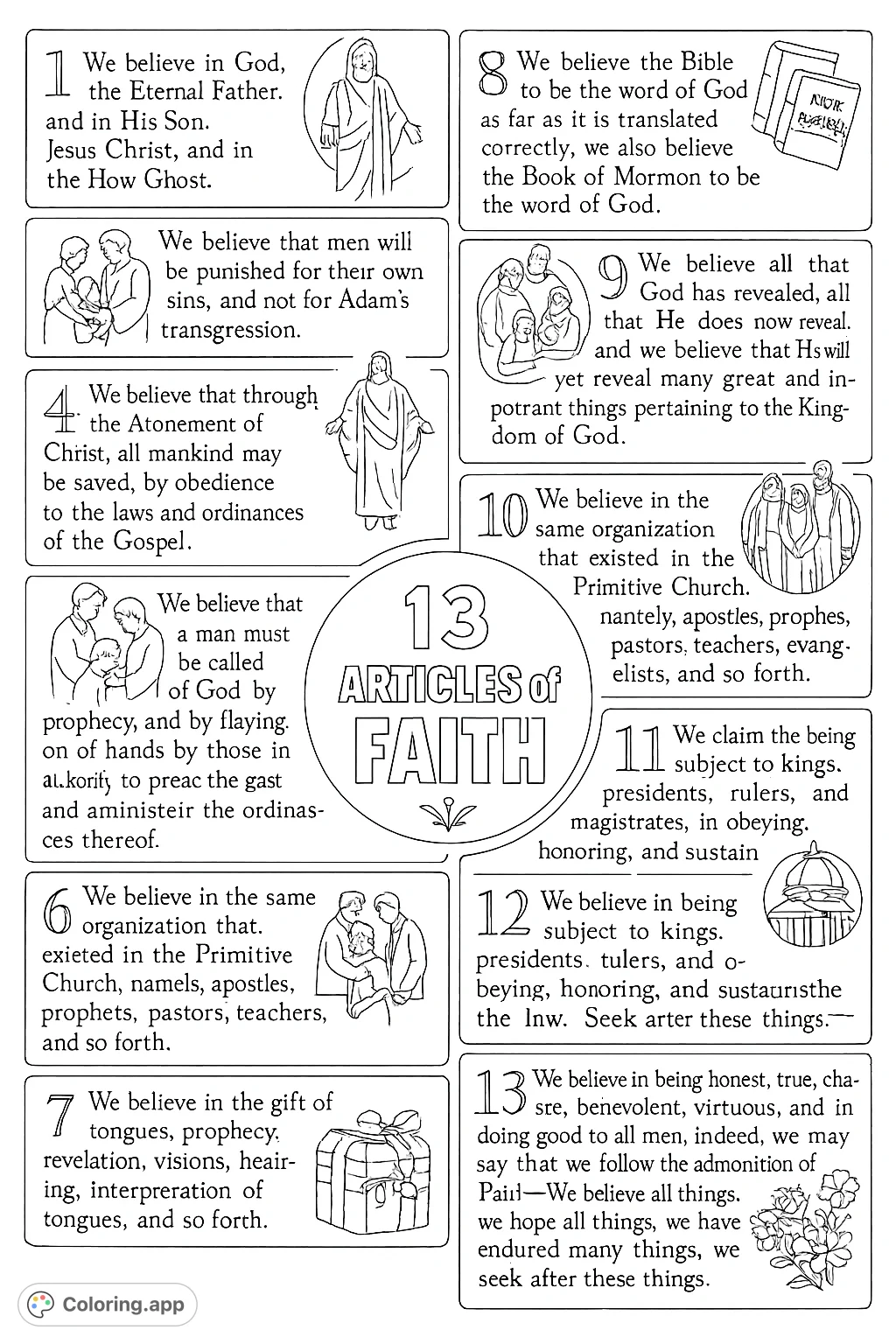 Explore the Thirteen Articles of Faith through engaging illustrations. This unique coloring page features 13 detailed scenes, offering a thoughtful way to learn.