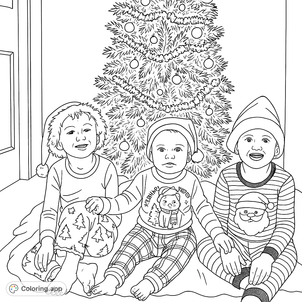 Three cheerful children in festive attire sit happily by a decorated tree, ready for coloring fun. A delightful scene perfect for the holiday season.