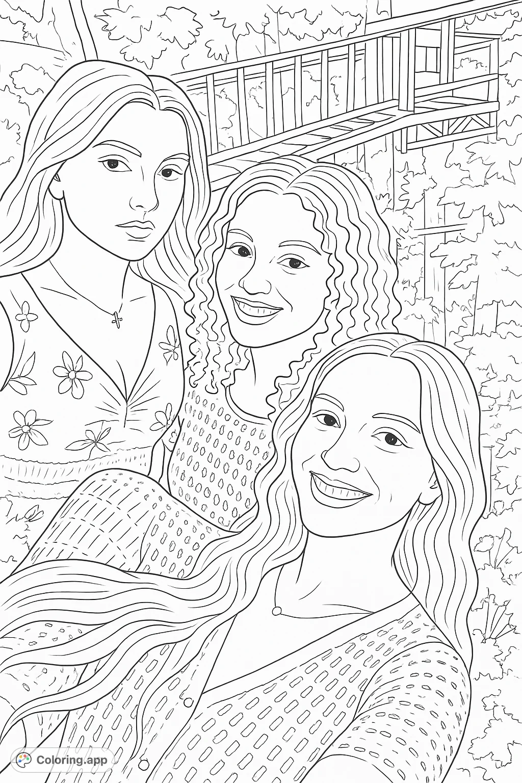 Capture the bond of friendship with this detailed coloring page featuring three smiling women, unique hairstyles, and intricate patterned clothing in an outdoor setting.