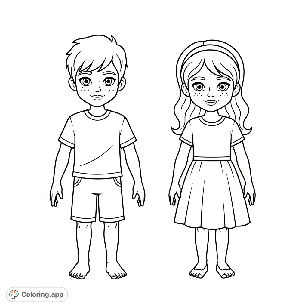 Explore human anatomy with this boy and girl coloring page. Label and color each body part: face, eyes, hair, hands, legs, and more, perfect for learning vocabulary.