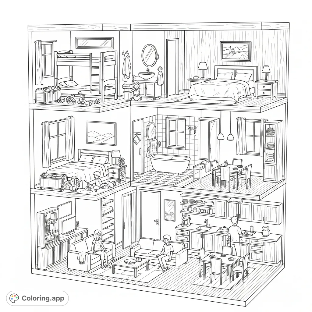 Explore a bustling family home with detailed rooms, charming furniture, and family members engaging in daily life. A delightful house coloring page.