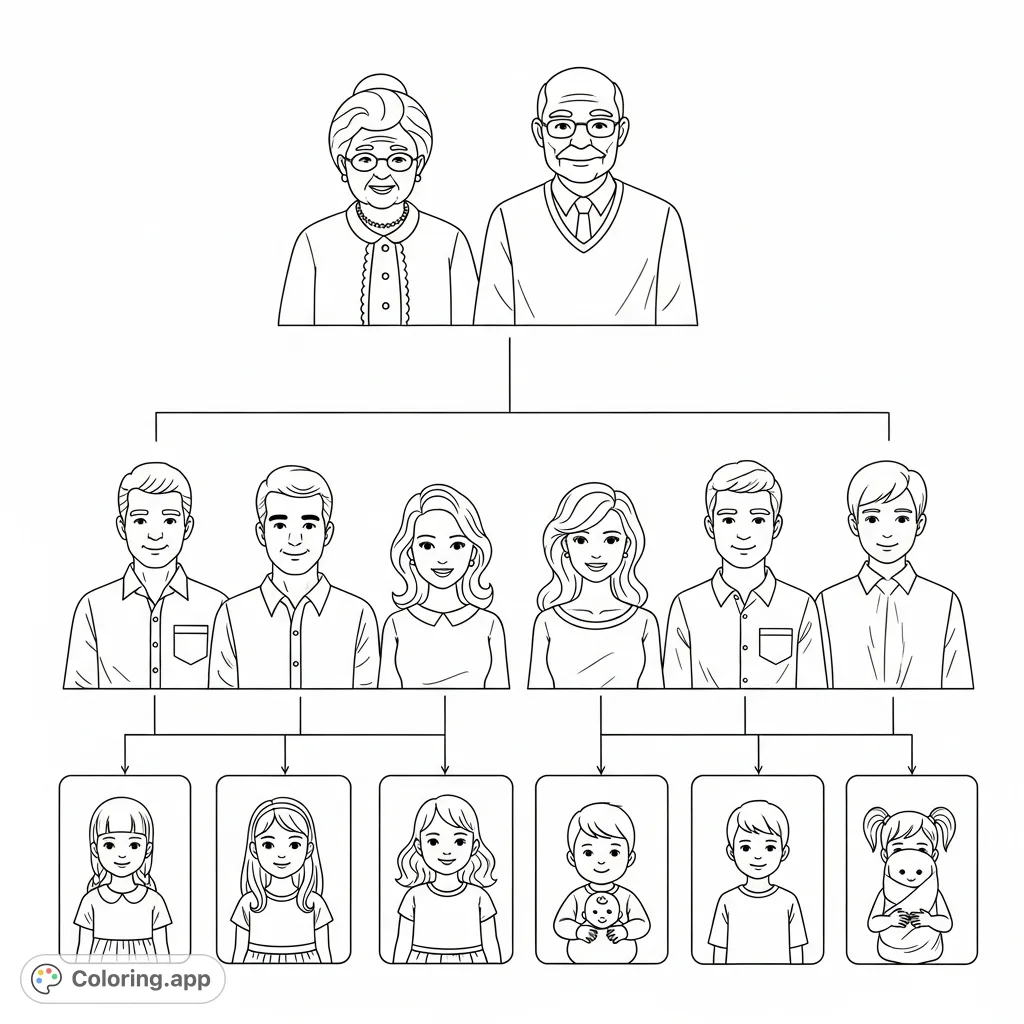 Explore family connections with this engaging 3-generation family chart coloring page, featuring grandparents, parents, children, and a baby, all linked by relationship lines.