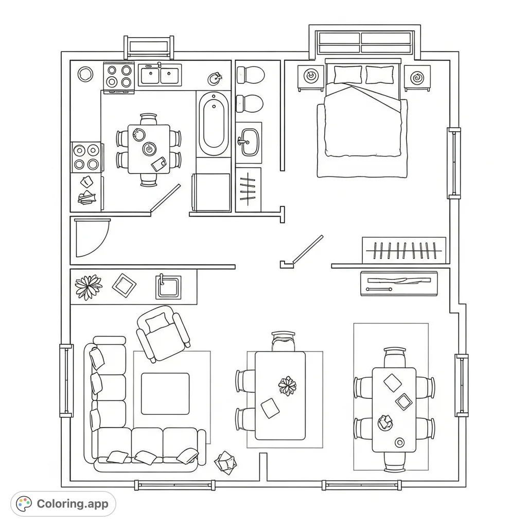 Explore and color this charming house floor plan featuring a kitchen, bedroom, bathroom, and living/dining area with essential furniture. Perfect for young artists!