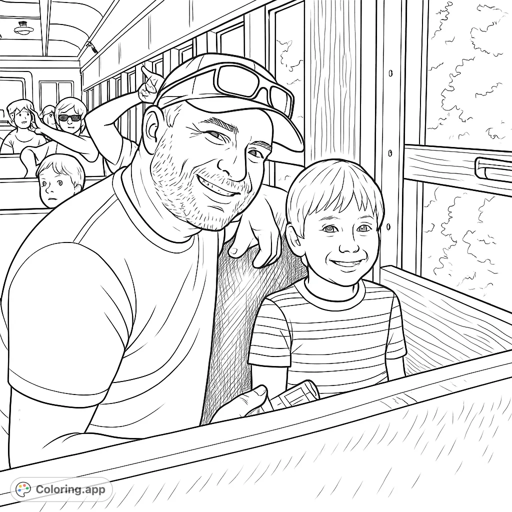 Embark on a joyful train journey with a father and child. This free printable family train ride coloring page captures a happy moment on tracks, perfect for all ages.