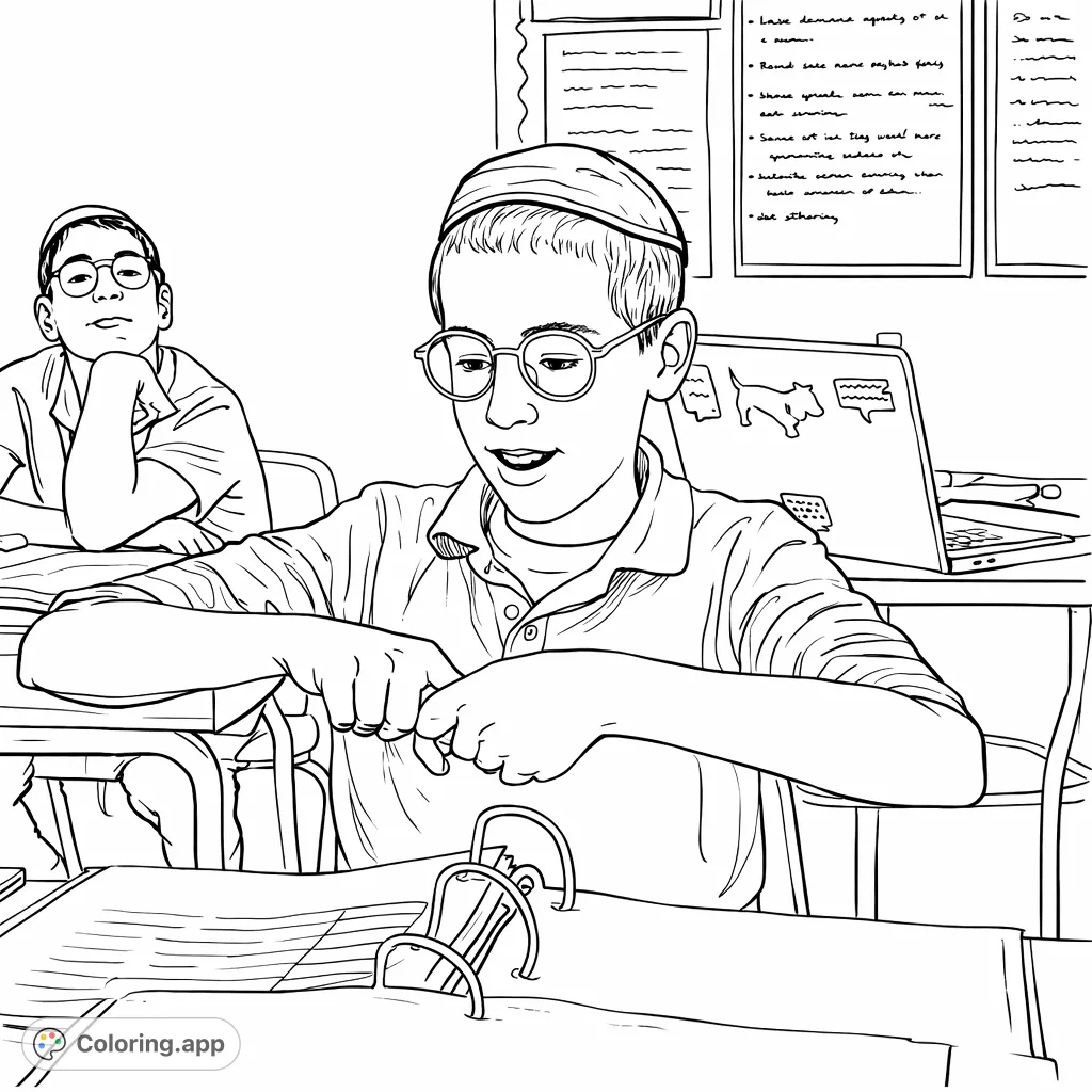 A young student with glasses and a yarmulke concentrates on his hands at a school desk, surrounded by classroom details. Perfect for school-themed coloring fun.