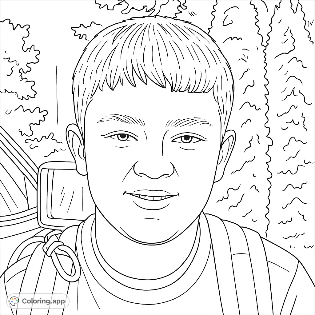 A friendly young person's portrait, ideal for coloring. Features a neutral expression against a subtly detailed background for artistic exploration.
