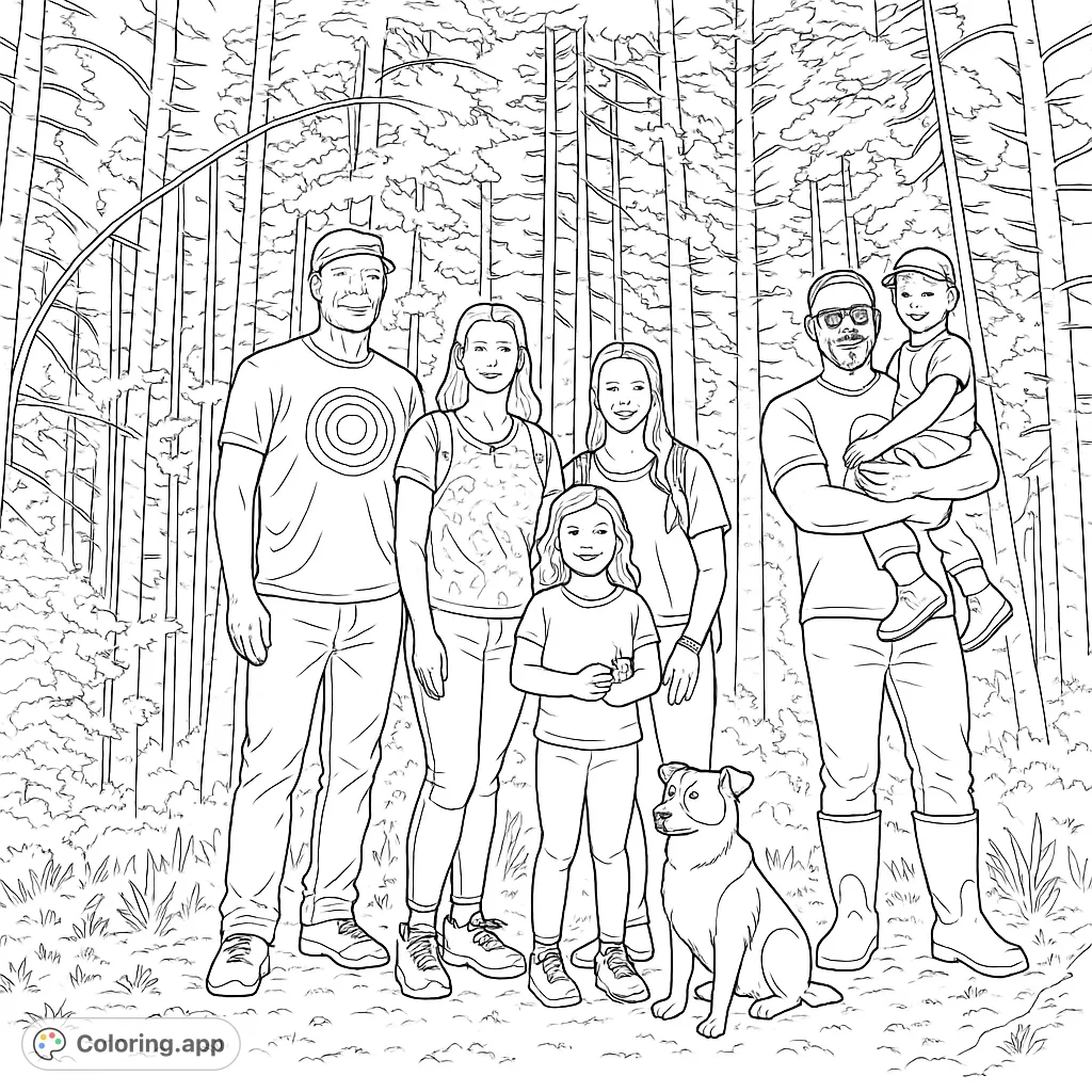 Capture a heartwarming family moment in a beautiful forest setting. This free printable family forest adventure coloring page is perfect for all ages to enjoy.