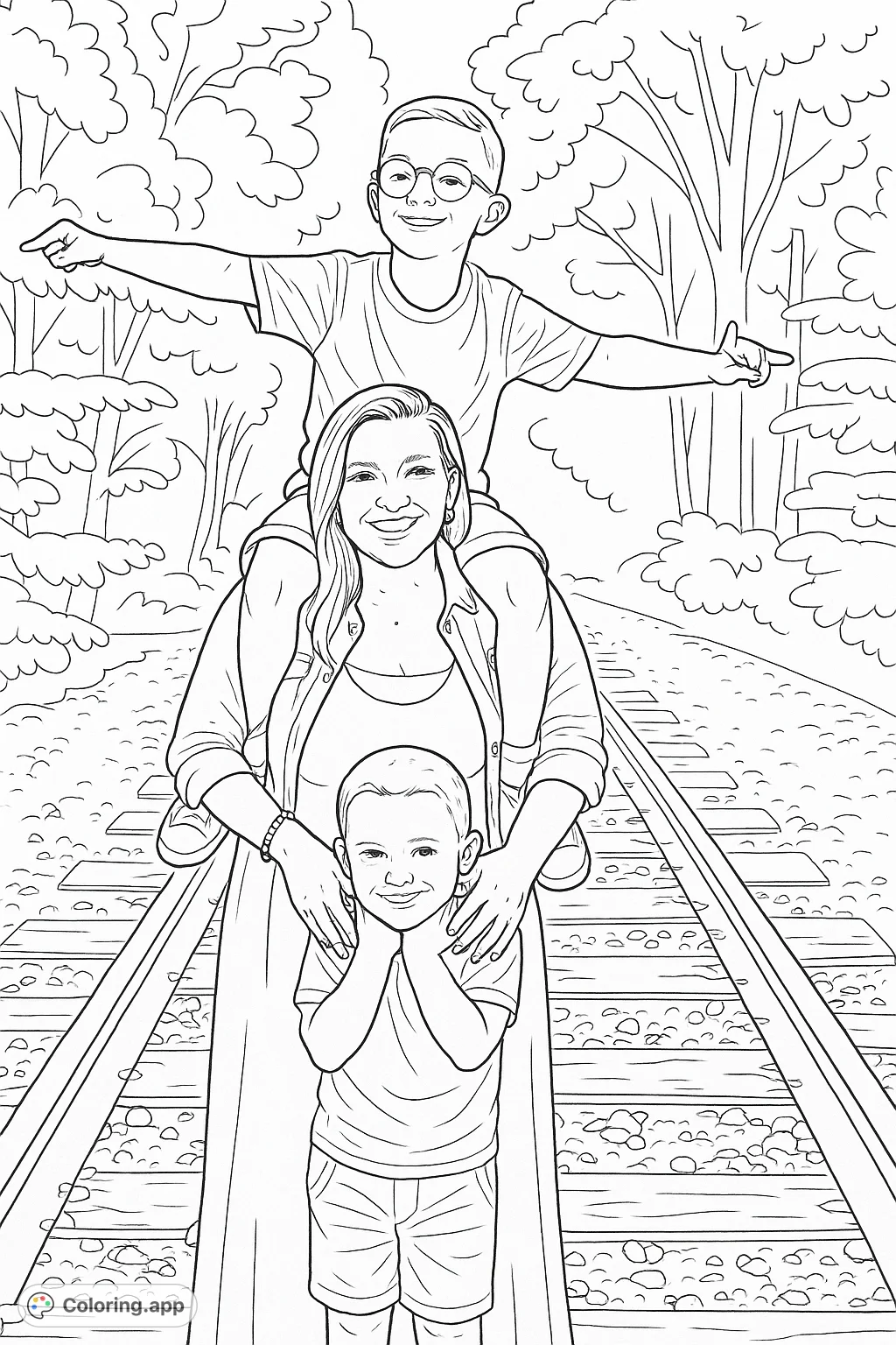 Capture a heartwarming family moment on railroad tracks with a mother and her two children. A joyful scene perfect for all ages.