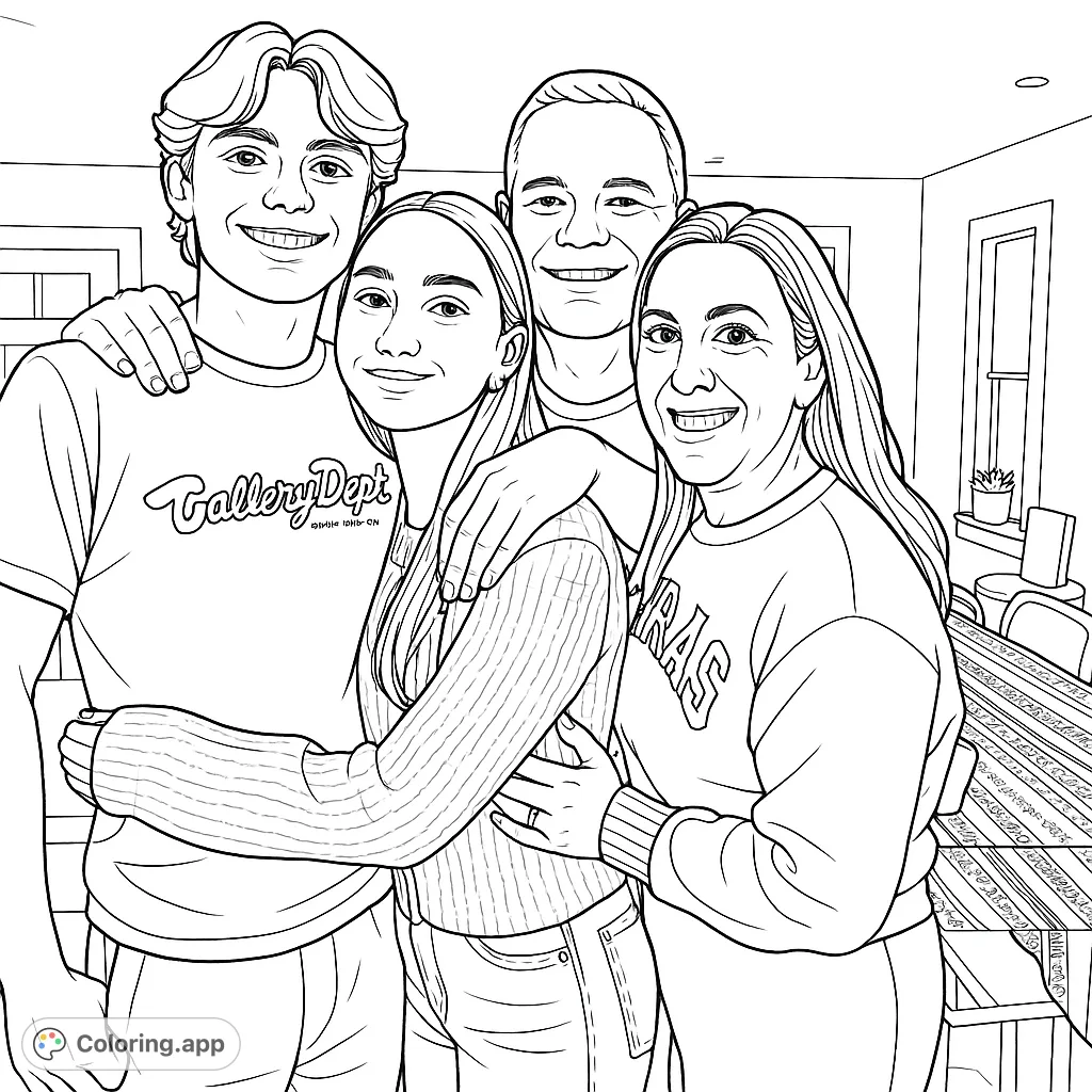 A heartwarming group hug featuring four smiling individuals, captured in a moment of connection. Personalize this family portrait with your creative touch.