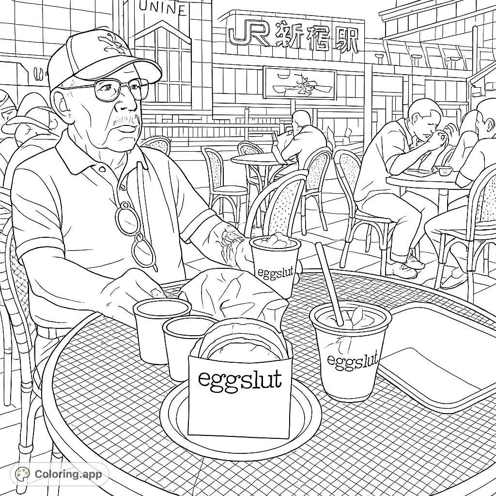 An older gentleman enjoys a meal at a bustling outdoor cafe in a vibrant city, surrounded by urban architecture and street activity. A perfect scene for mindful coloring.