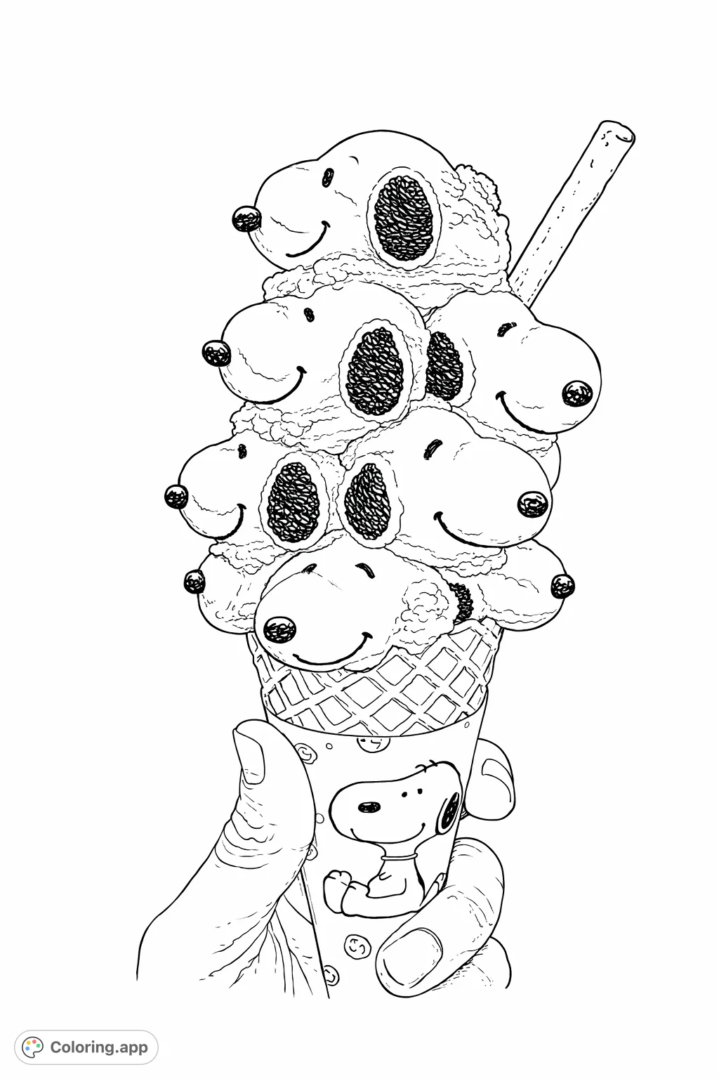 Delightful Snoopy stacked ice cream coloring page featuring multiple character scoops in a waffle cone, held by a hand. Perfect for cartoon and dessert fans!