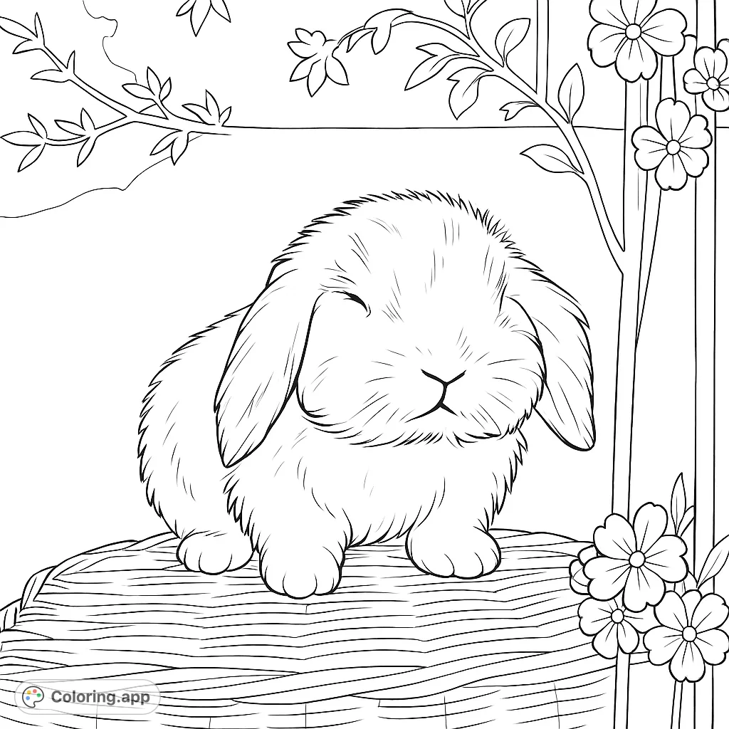 A delightful fluffy rabbit with droopy ears sits nestled among delicate blossoms, creating an adorable scene for a charming coloring page.
