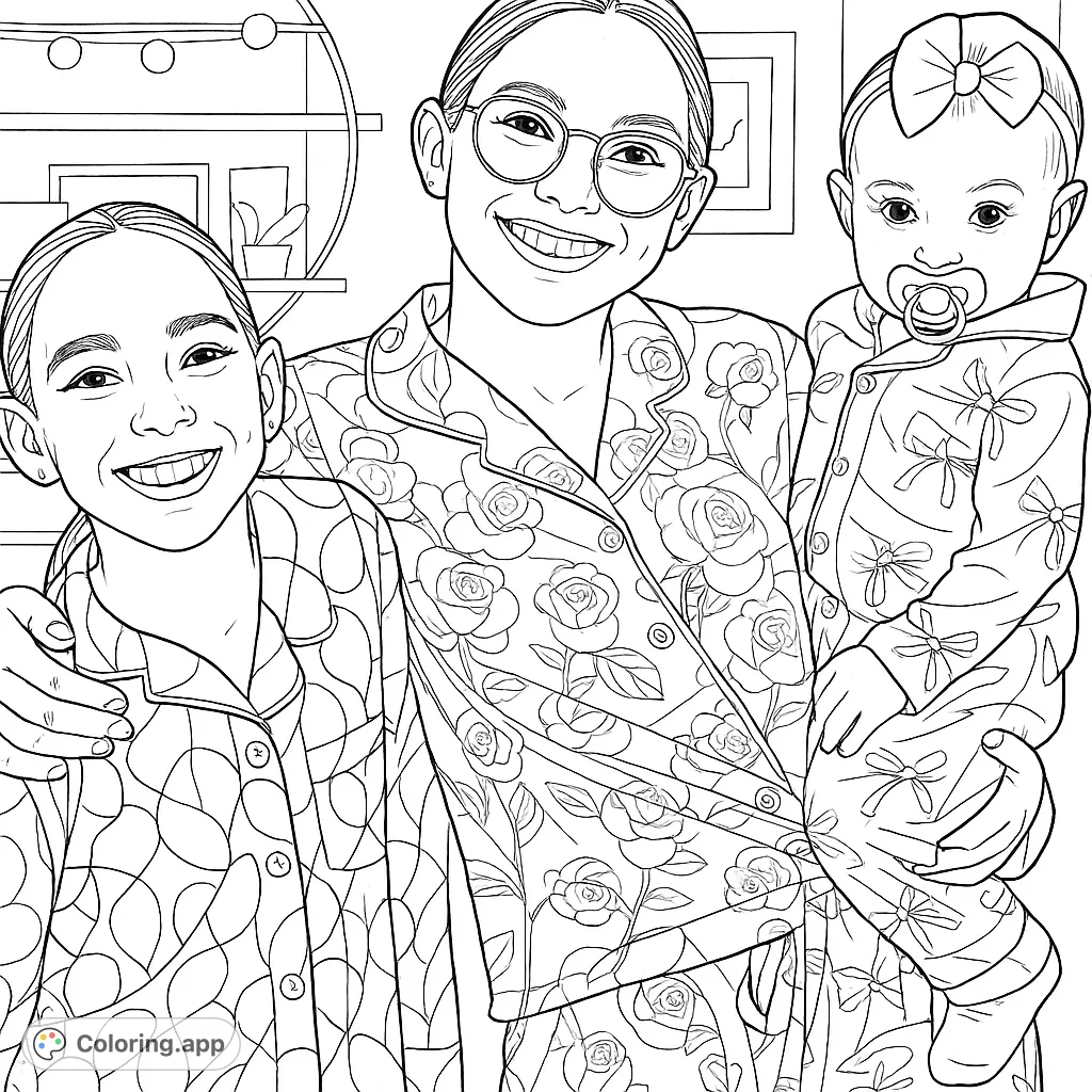 Three happy sisters of different ages, including a baby, pose together in their patterned pajamas. A heartwarming scene ready for intricate coloring fun.